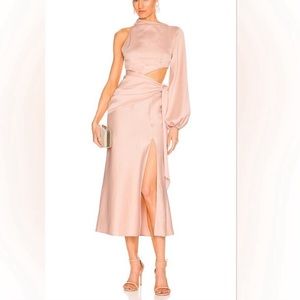 Misha Maryan Dress in Rose Cloud Cut Out Faux Wrap Tie Waist One Shoulder Satin